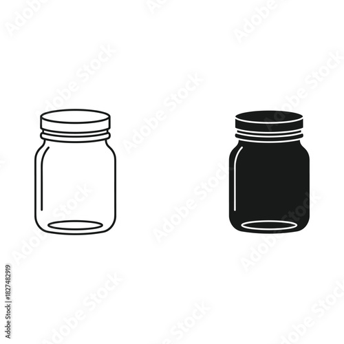 Two mason jars one outline one solid silhouette isolated on white background