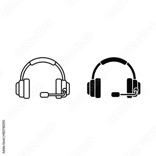 Two styles of headset icons with microphones for audio communication and gaming
