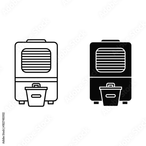 Two icons of an air cooler or humidifier with a water tank