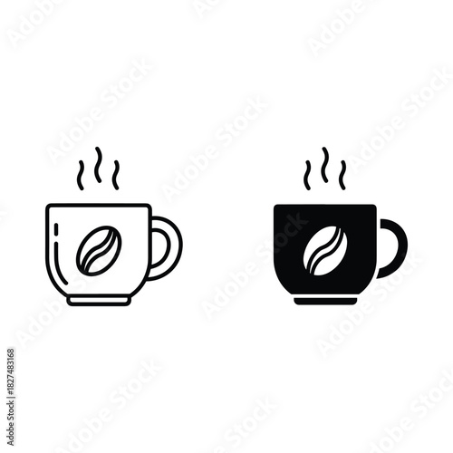 Two coffee cup icons one outline and one filled with steam and coffee bean