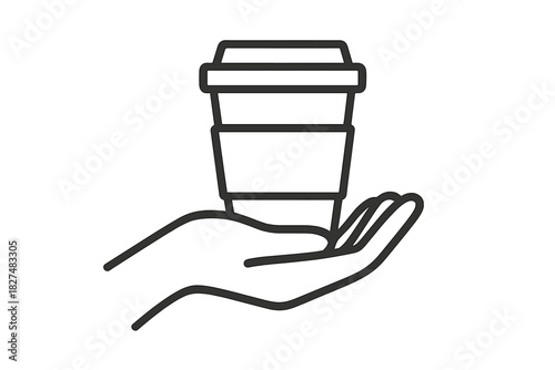 Outline drawing of a hand holding a disposable takeaway coffee cup for hot drinks