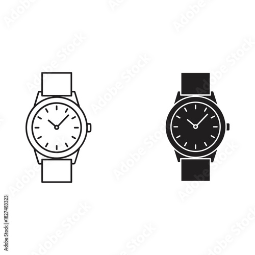Two wristwatches one in outline and one in silhouette on white background