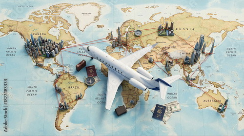Global Travel Planning, a Private Jet on a World Map with Routes Connecting Cities, Passports, Money, and a Compass, for Business Trips.