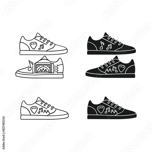 Collection of black and white sneaker illustrations in different views