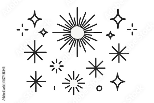 Minimalist black and white line art sunbursts and sparkling star shapes set