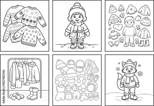 Winter clothes dress up coloring page bundle for kids, black line art vector illustration doodle set, Cute warm outfit vector elements