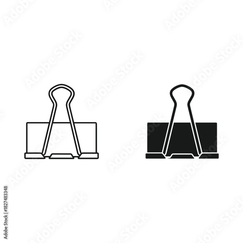 Two binder clips one outlined and one solid black on white background