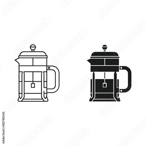 Simple line art and silhouette icons of a french press coffee maker