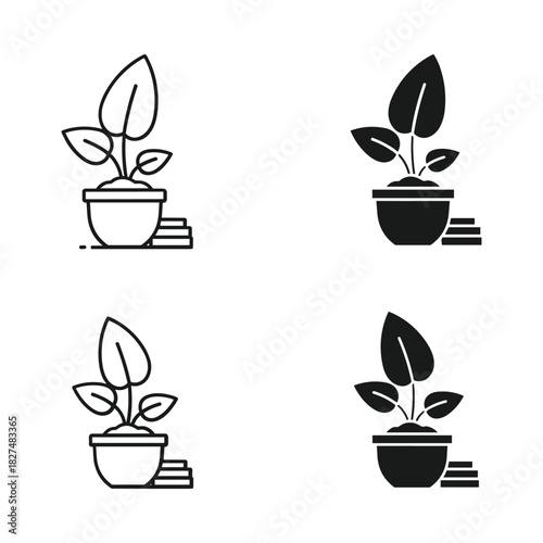 Plant growth icons set outline and solid styles