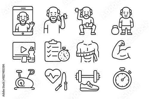 Senior fitness, gym workout, physical training, and healthy lifestyle concepts