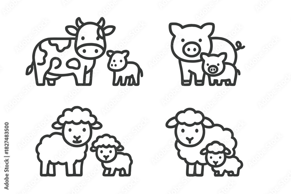 Obraz premium Simple outline icons set of farm animals: cow, pig, and sheep with their babies
