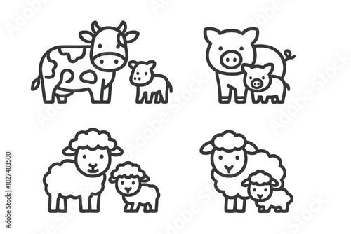 Simple outline icons set of farm animals: cow, pig, and sheep with their babies