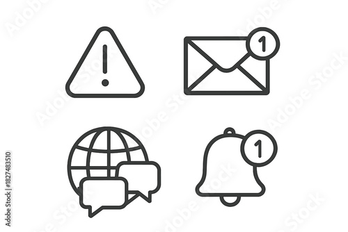 Collection of digital interface symbols for alerts, messages, and global communication functions