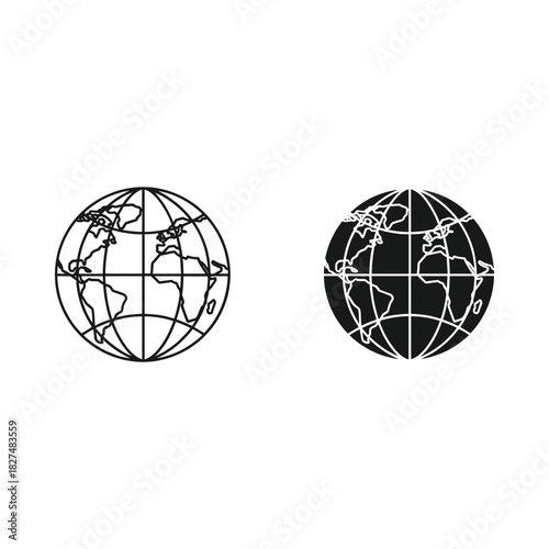 Two stylized globes one outlined and one solid black representing earth
