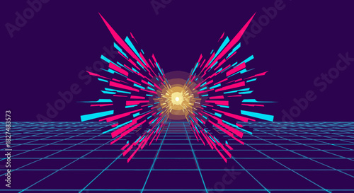 A dynamic abstract digital artwork featuring an energetic explosion of pink and blue geometric shapes expanding from a bright central light on a grid floor.