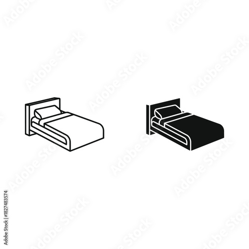 Simple line art and silhouette icons of a bed