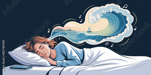 A serene illustration depicting a person peacefully sleeping, with dreamlike waves and melodies artistically visualized, symbolizing tranquility and creativity in dreams.