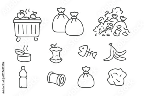 Collection of hand drawn outline icons depicting various types of household waste and garbage