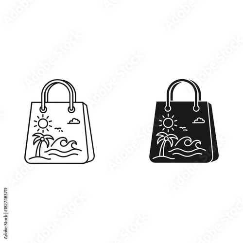 Two hand drawn beach scene tote bags one outline one silhouette