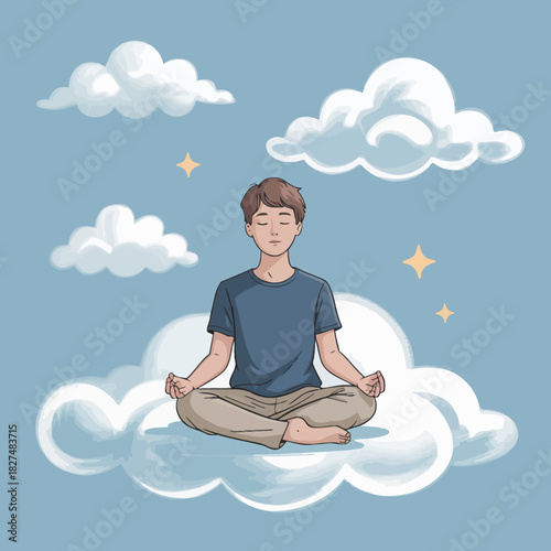 A serene illustration of a boy meditating in a peaceful setting, surrounded by fluffy clouds and stars, representing tranquility and inner peace for mindfulness themes.