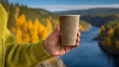 A person stands beside a calm river, savoring a hot drink. Golden autumn leaves surround the landscape, creating a peaceful and picturesque retreat