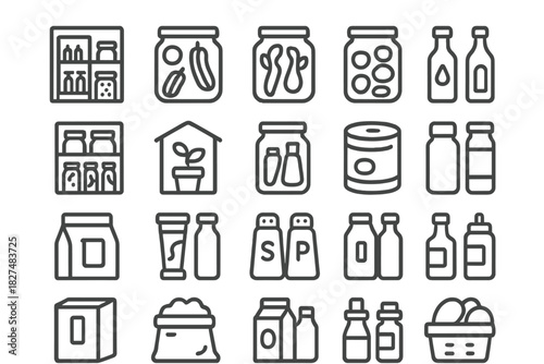Assortment of essential food and beverage items including canned goods, jars, bottles, and dry ingredients