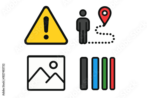 Essential user interface icons set featuring warning, location, image, and data representation symbols