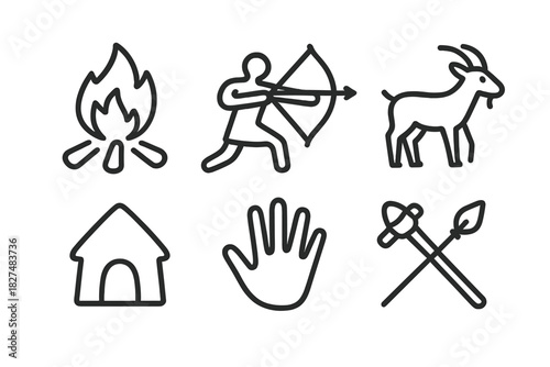 Primitive and prehistoric symbols collection featuring campfire, archer, goat, hut, hand, and weapons