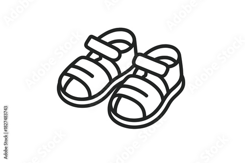 Black line art drawing of a pair of baby or toddler sandals with hook and loop straps