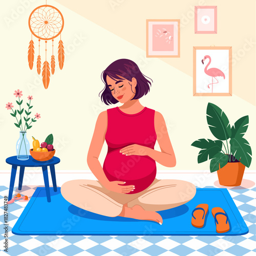 A serene depiction of a pregnant woman relaxing on a blue mat while gently cradling her belly, surrounded by plants, art, and a fruit bowl, embodying tranquility and anticipation.