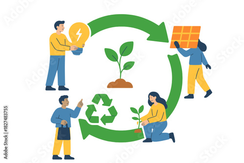 Global sustainability cycle with people focused on renewable energy, recycling, and planting trees for a green future