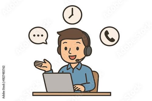 Professional help desk operator wearing a headset sitting at a computer ready to answer calls