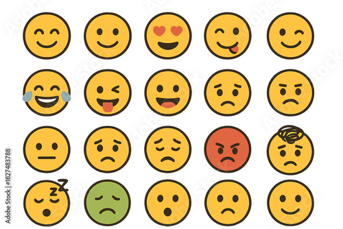Large set of yellow emoji faces expressing a wide range of human emotions and feelings