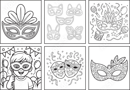 Beautiful carnival mask with feathers decoration coloring page bundle for kids, black line art vector illustration doodle set