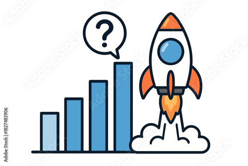 Rocket launch from rising bar chart showing business growth challenge and uncertainty question mark