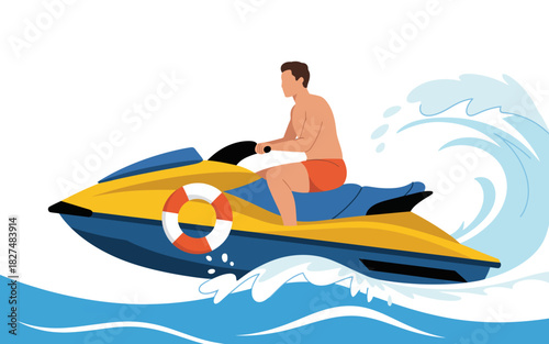 A vibrant illustration of a person riding a jet ski across water waves, capturing the thrill and excitement of summer adventures on the water.