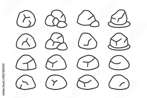 Set of various natural stones and rocks depicted as simple line icons for geology and nature