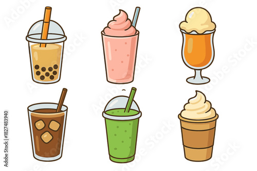 Colorful set of six cold dessert beverages including bubble tea smoothie and iced coffee frappe