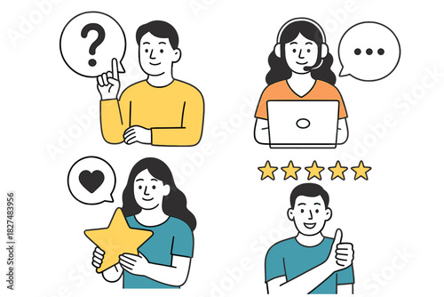 Customer service and feedback concept set with people asking questions and giving ratings