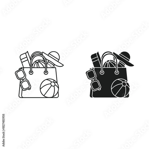 Beach bag with summer essentials in outline and silhouette styles