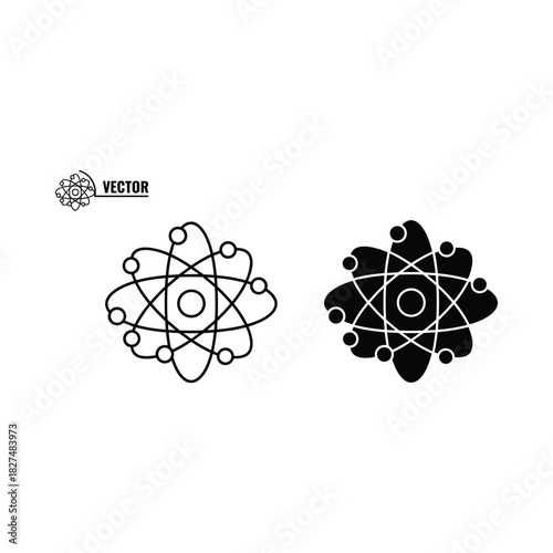 Two stylized atom symbols one outlined and one solid black