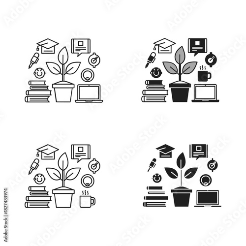 Four square collage of education and growth icons