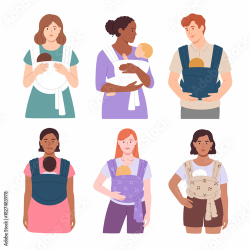 This heartwarming image features parents carrying their babies in slings, showcasing love, bonding, and practicality in modern parenting and family life.