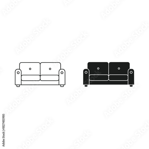 Two sofa icons one outline one silhouette against white background