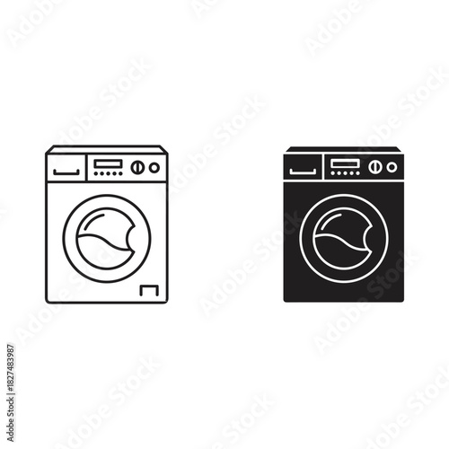 Front load washing machine icon set black and white line art and silhouette