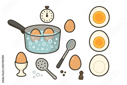 Diagram showing kitchen elements and step-by-step process for boiling eggs with cross sections of soft, medium, and hard cooked eggs
