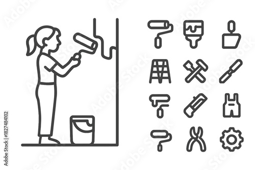 Person painting a wall during home renovation using various construction tools