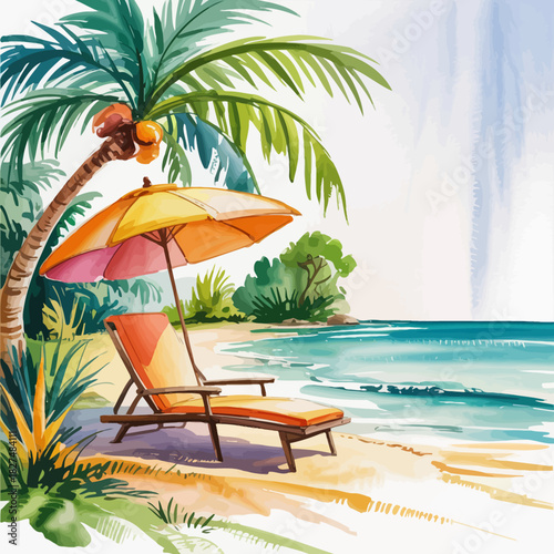 A serene beach scene featuring a relaxing lounge chair under a colorful umbrella, inviting viewers to envision their perfect getaway on a tropical shore.