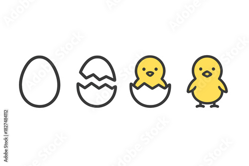 Four steps showing the life cycle process of a yellow chick emerging from a broken eggshell
