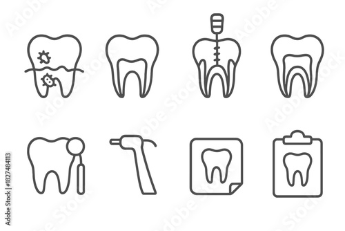 Dental health and treatment procedures: tooth decay, root canal, and examination tools